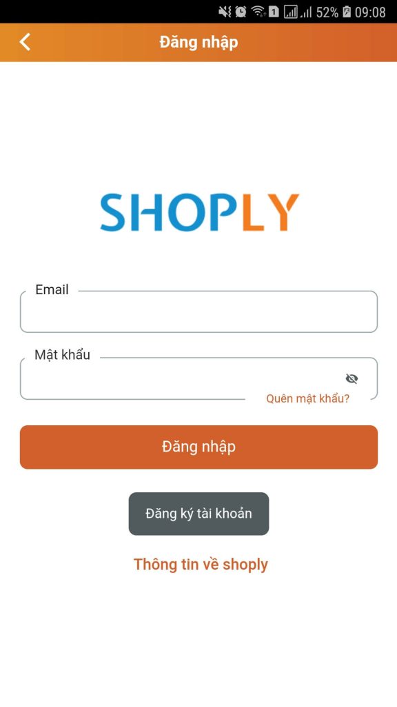 Đăng nhập của ứng dụng Shoply